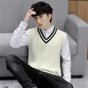 Men's Vests Man Clothes Waistcoat Beige Striped Knitted Sweaters For Men Sleeveless Vest High Quality Spring Autumn Over Fit Knit X