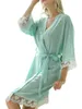 Женская одежда для сна Женская шелковая одеяла кимоно-одеяния кружевная отделка Короткая атласная невеста 3 4 рукав с виноградным вырезом.