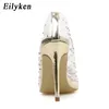Eilyken Fashion Gold Rhinestone PVC 투명 여성 펌프 스프링 가을 하이힐 신발 섹시 파티 웨딩 폴 댄스 샌들 240119