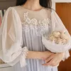 Damen-Nachtwäsche, Damen-Baumwoll-Mesh-Französisches Feen-Pyjama-Nachthemd, Vintage-Prinzessin, lockere Langarm-Frühlings-Sommer-viktorianische Nachthemden