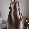 カジュアルドレスミヤケオリジナルプリーツヴィンテージドレス冬のタートルネックルーズハイファッションデザイナー女性アバヤエレガント服