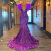 Sparkle Purple Prom Dress For Black Girls Sequin Feathers Mermaid Party Gowns Cap Sleeves Backless Hot Pink Vestidos De Festa