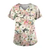 Kvinnors T-skjortor Kvinnor Uniform Floral Print Tops V-Neck Pocket Uniforms Nursing Scrub Working Clothes Care Workers Blus 2024 Spring