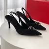 2024 New Metallic Letter High Heels Pumps Fashion Pointed Toes Slingbacks Kitten Heel Sandals Womens Luxury Designer Denim Dress Shoes Office Party Shoes Letterg