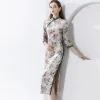 womens vintage dresses stand collar 3 4 sleeves printed lace piping side split printed velour chinese qipao dresses