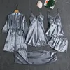 Dames Nachtkleding Kant Vrouwelijke 5 STKS Gewaad Pak Satijn Nachtkleding Kimono Badjas Jurk Sexy Nachthemd Met Pads Intieme Lingerie Nachtjapon