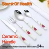 Camp Kitchen 24Pcs Luxury Tableware Set Stainless Steel Cutlery Ceramic Handle Knife Fork Coffee Spoon Vintage Pattern Tableware Cutlery Set YQ240123