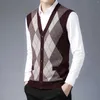 Gilets pour hommes Hommes Laine Col V Pull tricoté Gilet Cardigan Plaid Color Block Casual Bouton polyvalent Double Pulls de poche