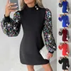 Robes décontractées Femmes Sexy Manches longues O Cou Paillettes Patchwork Ruché Moulante Mini Robe De Soirée Midi Avec Manches