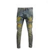 Jeans pour hommes Marque de mode Pantalon mince Imitation Old Stretch Patch Broderie Lavage pour faire du denim décontracté