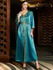 Ethnic Clothing Pure Handwork Rhinestone Beading Turkish Abayas Chic Full Sleeve V-Neck Belted Evening Dresses Woman Elegant