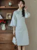 Casual Dresses 2024 Green Jacquard Chic Lace Flare Sleeve Midi Dress Women Luxury Elegant Party Vestidos Autumn Winter Vintage Festival