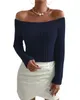 Women's Sweaters Women Knit Off The Shoulder Sweater Long Sleeve Ribbed Slim Cropped Top Lapel Dropped Neck Overlock Fall Outfits S-L