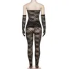 Stylish Lady See Through Lace 2 Piece Set Women Strapless Top och Skinny Pant Suits 2024 Summer Sexy Club Party Bodycon Outfits