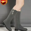 Botas sapatos para mulher meados de bezerro redondo dedo do pé preto meia alta mulheres elegantes com saltos baixos à prova d'água bota tendência 2024 venda calçado