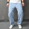 Jeans da uomo Streetwear Uomo Hip Hop Pantaloni cargo larghi con tasche multiple Pantaloni eleganti in denim dritto solido maschile