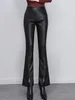 Женские брюки из искусственной кожи, черные осенние и зимние драпированные расклешенные брюки с высокой талией, 2024, высококачественный крой с разрезом