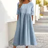 Festklänningar Elegant klänning o-hals Half Sleeve Cotton Pleated 2024 Summer Women's Casual Loose Comfort Vintage Long