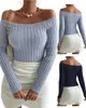 Women's Sweaters Women Knit Off The Shoulder Sweater Long Sleeve Ribbed Slim Cropped Top Lapel Dropped Neck Overlock Fall Outfits S-L