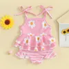 Zestawy odzieży Baby Girl Swimsuit 2 -częściowy zestaw bez rękawów Kwiatowy nadruk krawata górna talia szorty kąpielowe Kąpiec