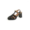 Sandalet Vintage Square Toe Kadın Gladyatör Siyah Deri Sıradan Yaz Ayakkabı 8cm Tıknaz Yüksek Topuklar Beyaz Sandalyas Femmes