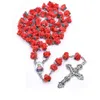 Pendentif Colliers Qigo Christ Bijoux Rouge Polymère Argile Rose Croix Rosaire Collier Long Prière Religieuse Bijoux Pour Hommes Femmes