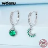 Örhängen Wostu 925 Sterling Silver Green Crystal Sun Moon Dangle Drop Earrings for Women Asymmetric CZ Hoop Earring Wedding Party Gift