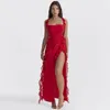 Abiti casual con volant in chiffon maxi per le donne 2024 Backless Split sexy Porm Dress rosso lungo estate festa di nozze elegante lusso