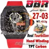 BBR 27-03 Real Tourbillon handopwindbaar herenhorloge Zwart NTPT quartz koolstofvezel kast Skeleton wijzerplaat Rode nylon band Super Edition Sport trustytime001 Horloges Tour