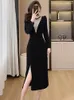 Casual Dresses Women Red Velvet Patchwork Diamonds Luxury Party Dress Autumn Winter Elegant Festival Long 2024 Korean Vintage Prom