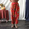 Spodnie damskie Johnature Women Vintage oraz polarowe ciepła elastyczna talia zimowa spodnia 2024 Czerwony kwiatowy chiński w stylu bawełniany bieliznę
