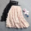 Skirts 2024 Women High Waist Free Size Feather Print Chiffon Skirt Casual Mid-calf Solid A-line Tassels Midi Tweed