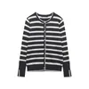 Women's Knits 2024 Spring Autumn Women Sweater Basic BlackWhite Stripe Knit Round Neck Pearl Button Cardigan Long Sleeves Casual Outerwear