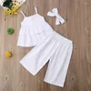 Ensembles de vêtements d'été pour bébés filles, tenues sans manches, à volants, hauts à boutons, pantalons à jambes larges, bandeau, 3 pièces, 6 mois à 5 ans