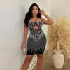 Robes décontractées Sexy Corset Patchwork Mesh Strass Mini Robe Femmes Spaghetti Sangle Moulante Sling Ngiht Party Clubwear