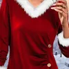 Women's Blouses Lady Christmas Top Stylish V Neck Button Decor Pleated Color Matching Pullover Cozy Warm Fall/winter For