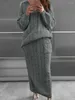 작업 드레스 빈티지 니트 리브 베드 스커트 세트 여성 2 조각 세트 가을 의류 스웨터 탑 및 정장 여성 드레스