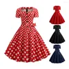 Casual Dresses Women Retro Dress 1950s Rockabilly A-line Midi With Square Neck Big Hem Button Decor Dot For Women's