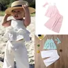 Clothing Sets Summer Fashion Kids Baby Girls Outfits Sleeveless Ruffles Vest Tops Button Wide Leg Pants Headband 3Pcs 6M-5Y