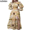 Robes décontractées VONDA 2024 Automne Femmes Robe Bohème Vintage Imprimé Maxi Robe Sexy À Manches Longues À Volants Fendu Épaule Parti Robe D'été