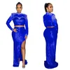 Work Dresses Sexy Rhinestone Beaded Sequin Mesh Two Piece Slit Skirt Set Women Clubwear For Party Bodycon Tops And Long Pants Outfits Sets