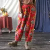 Женские брюки Johnature, женские винтажные флисовые теплые зимние брюки с эластичной резинкой на талии, 2024, красные цветочные брюки в китайском стиле, хлопок и лен