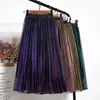 Skirts OHRYIYIE Bright Silk Gradient Color Tulle Skirt Women Spring Summer Long Pleated Female Purple Elegant Party Lady