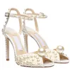 White Pearls Leather Women Sandals Shoes Bridal Wedding Dress Sacora Lady Pumps Luxury High Heels Women Gladiator Sandalias Original Box,EU35-43