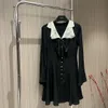 European fashion brand black silk Ruffled V-neck long sleeved flared sleeves gathered waist slim fit mini dress