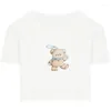 Mulheres Camisetas Bonito Dos Desenhos Animados Urso Impressão Em Torno Do Pescoço De Manga Curta Renda Branco Sexy Y2K Crop Top Senhoras Verão Algodão T-shirt Básico Casual