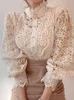 女性のブラウスエレガントなシャツ女性ビンテージレーススプレッチ長袖ボタンアップ白いシャツトップ2024ファッションカジュアルレディースブラウス