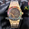 Orologio meccanico automatico da uomo con lunetta di diamanti Rainbow T con quadrante nero scheletrato, acciaio inossidabile 316L a doppio bilanciamento, reggiseno arcobaleno in oro rosa