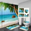 Shower Curtains Beach Seaside Scenery Print Shower Curtain Ocean 3D Bathroom Curtains Flannel Anti-slip Carpet Toilet Lid Cover Bath Mats Rugs