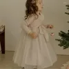 Flickaklänningar 2024 Autumn Winter Korean Kids Girls Dress Three Layer Mesh Spets Collar Bow Princess Children Toddler